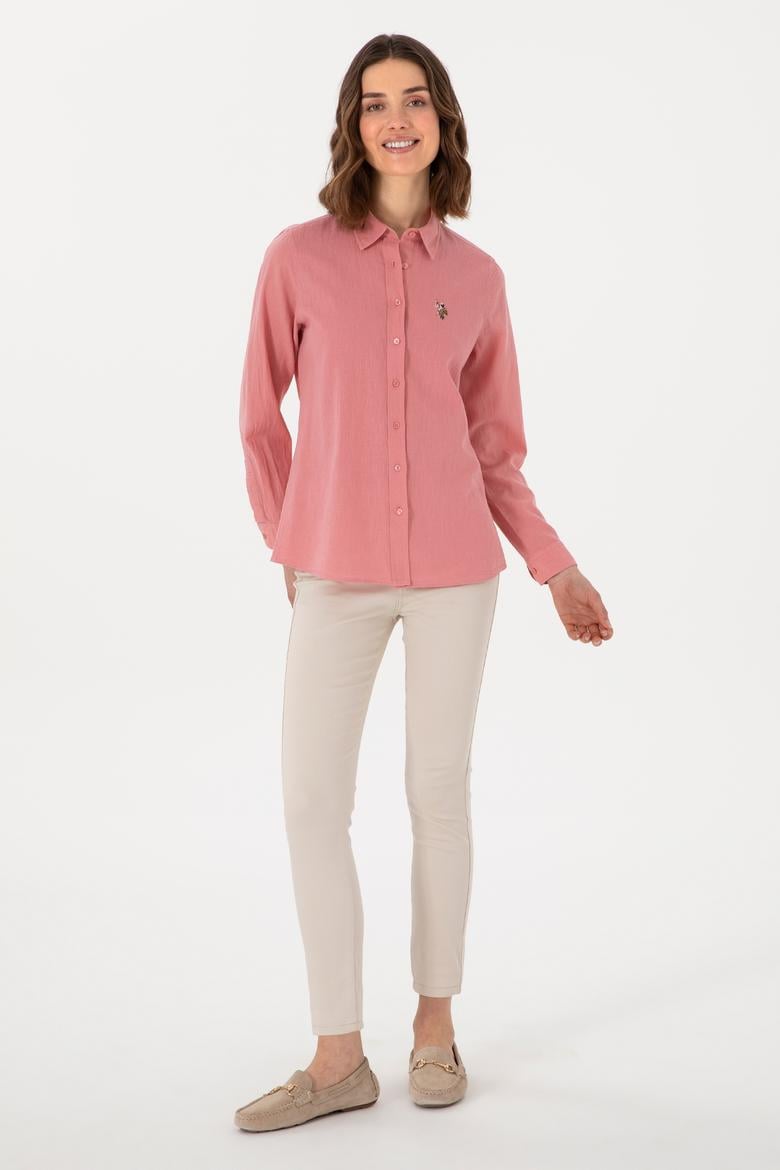 Kadın Pembe Keten Karışımlı Uzun Kollu Basic Gömlek - 50298098107