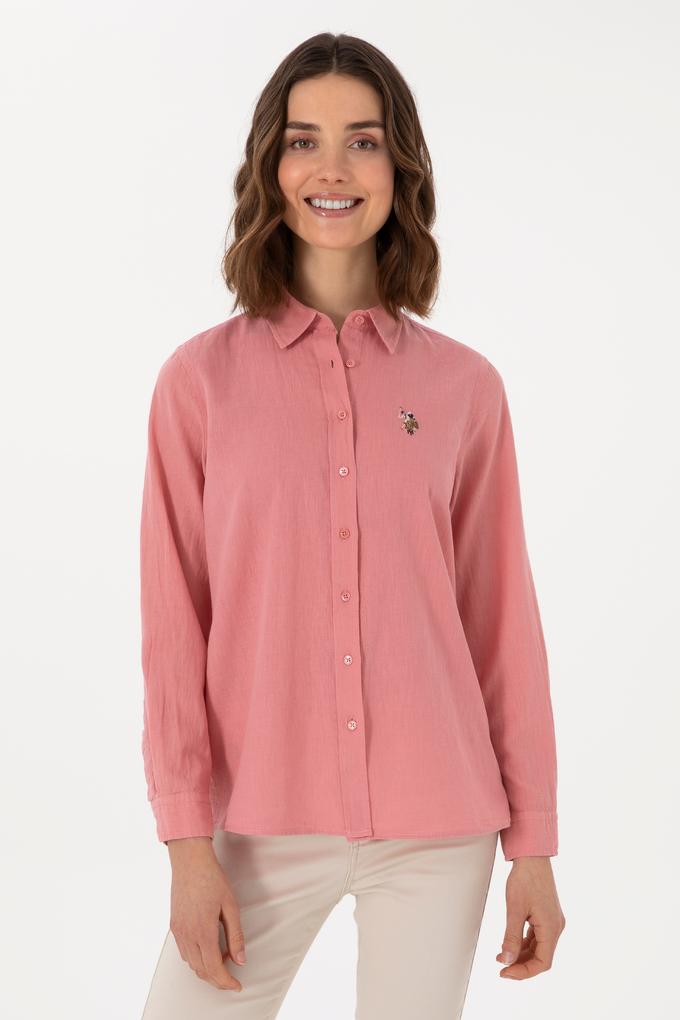 Kadın Pembe Keten Karışımlı Uzun Kollu Basic Gömlek