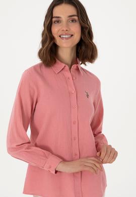 Kadın Pembe Keten Karışımlı Uzun Kollu Basic Gömlek - 50298098107