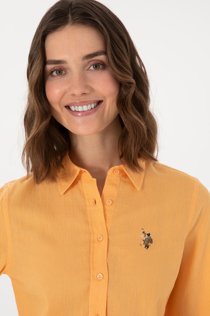 Kadın Turuncu Keten Karışımlı  Uzun Kollu Basic Gömlek
