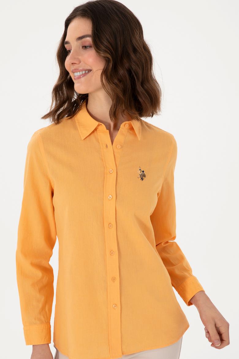 Kadın Turuncu Keten Karışımlı  Uzun Kollu Basic Gömlek - 50298098085
