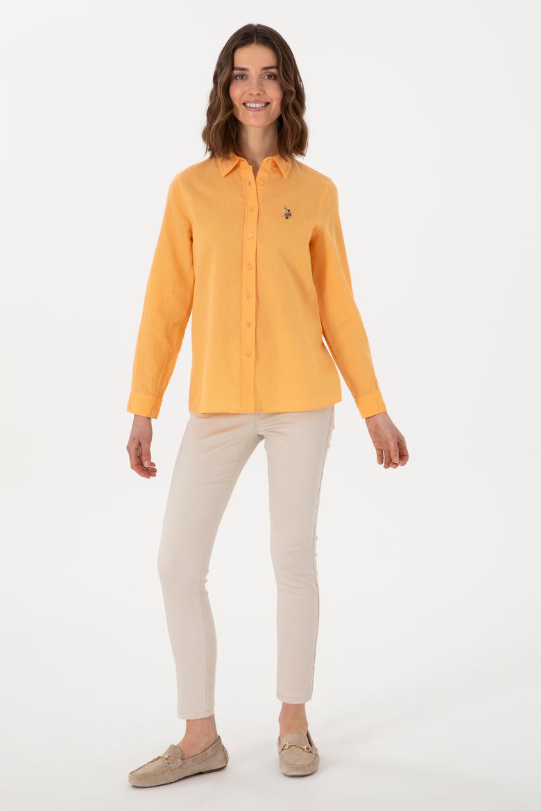 Kadın Turuncu Keten Karışımlı  Uzun Kollu Basic Gömlek - 50298098085