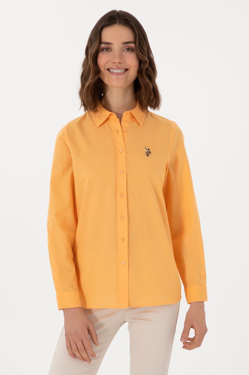 Kadın Turuncu Keten Karışımlı  Uzun Kollu Basic Gömlek