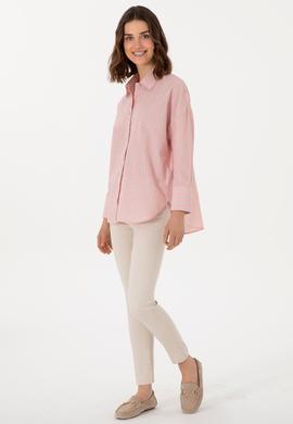 Kadın Pudra Uzun Kollu Çizgili Tunik Gömlek - 50299439003
