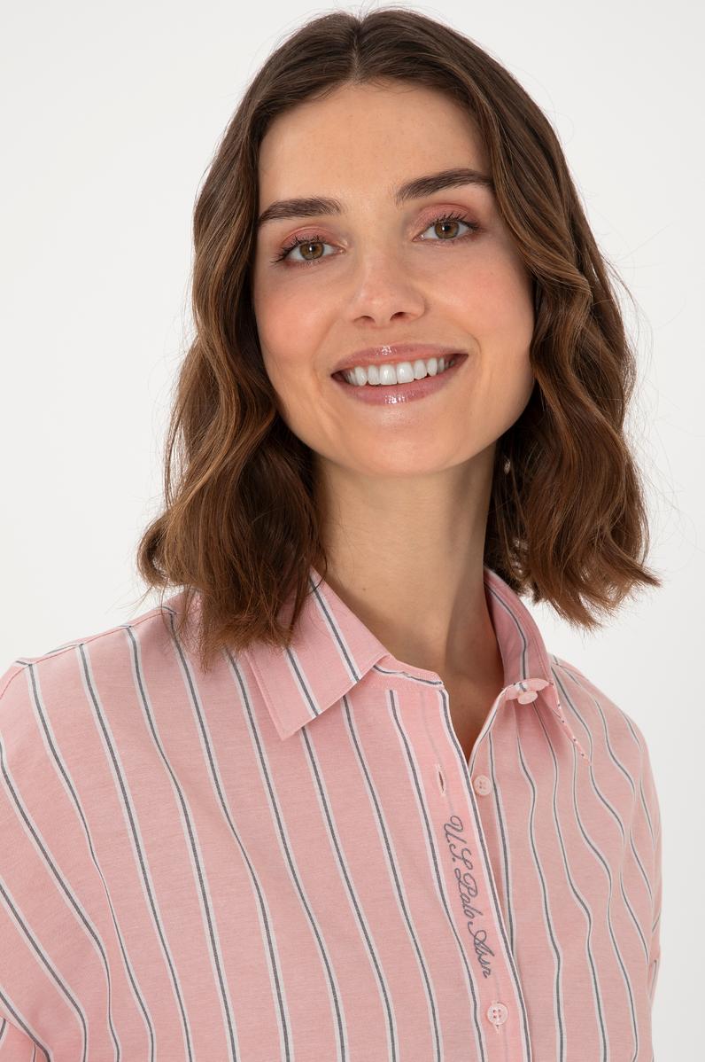 Kadın Pudra Uzun Kollu Çizgili Tunik Gömlek