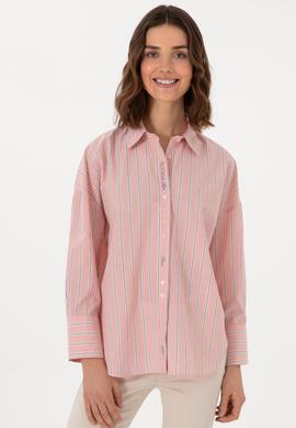 Kadın Pudra Uzun Kollu Çizgili Tunik Gömlek - 50299439003