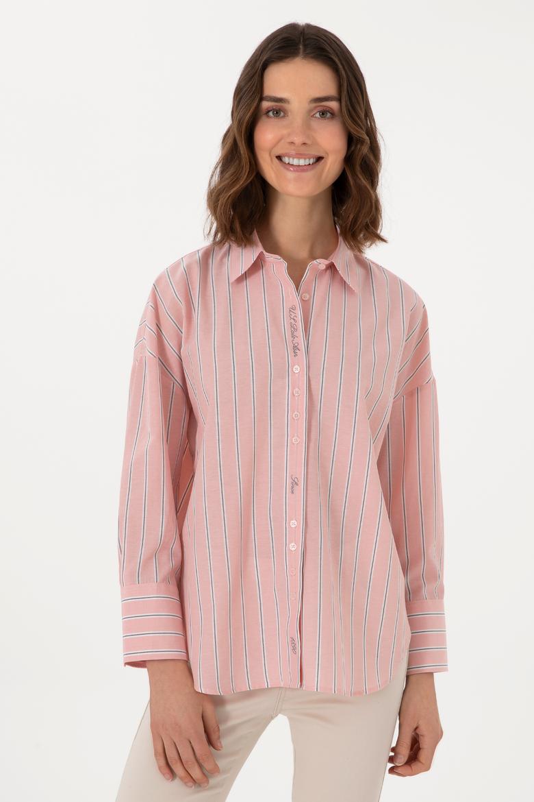 Kadın Pudra Uzun Kollu Çizgili Tunik Gömlek
