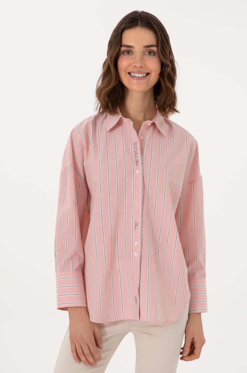 Kadın Pudra Uzun Kollu Çizgili Tunik Gömlek