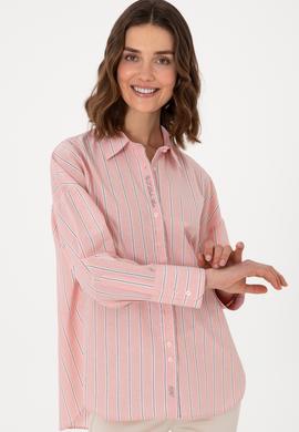 Kadın Pudra Uzun Kollu Çizgili Tunik Gömlek - 50299439003