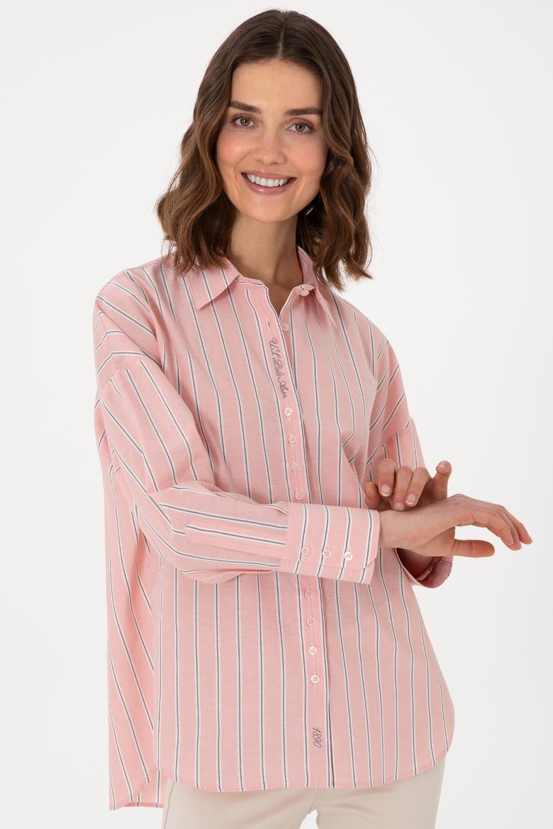 Kadın Pudra Uzun Kollu Çizgili Tunik Gömlek - 50299439003