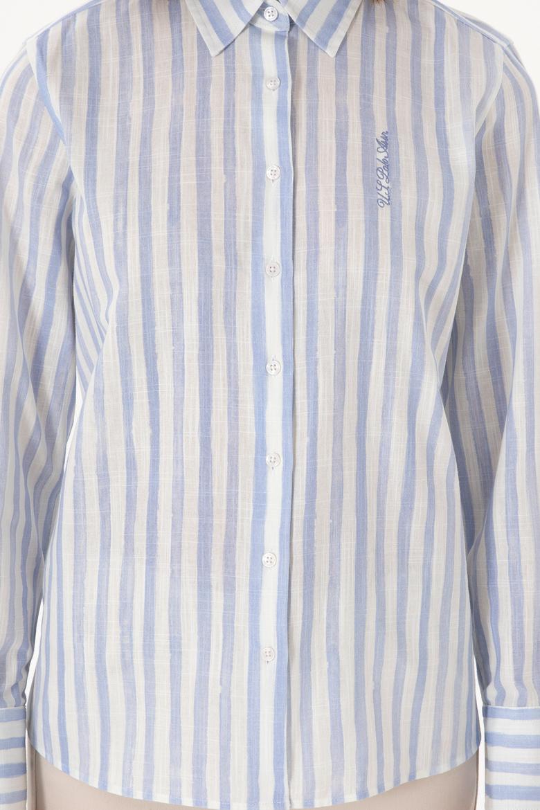 Kadın Açık Mavi Uzun Kollu Çizgili Gömlek - 50299509010