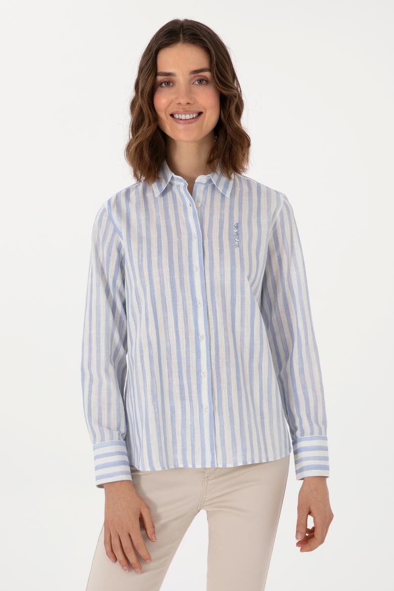 Kadın Açık Mavi Uzun Kollu Çizgili Gömlek