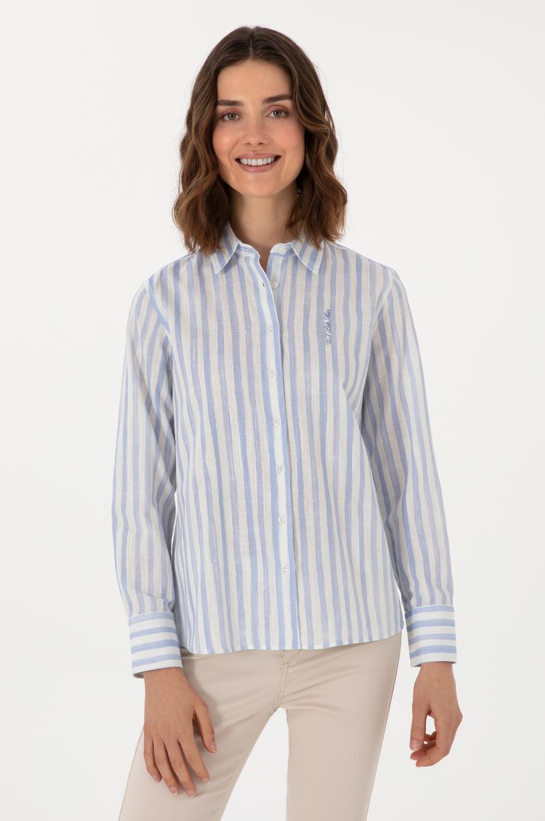 Kadın Açık Mavi Uzun Kollu Çizgili Gömlek