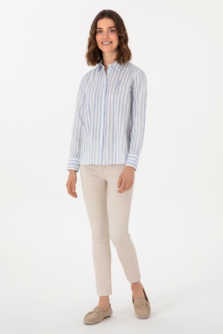 Kadın Açık Mavi Uzun Kollu Çizgili Gömlek - 50299509010