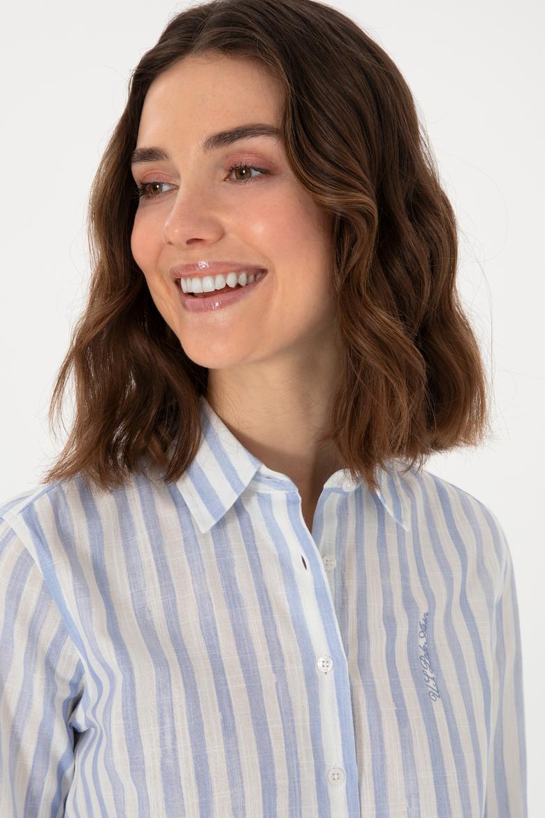 Kadın Açık Mavi Uzun Kollu Çizgili Gömlek - 50299509010
