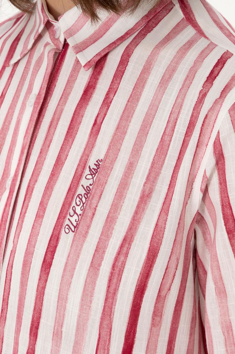 Kadın Vişne Uzun Kollu Çizgili Gömlek