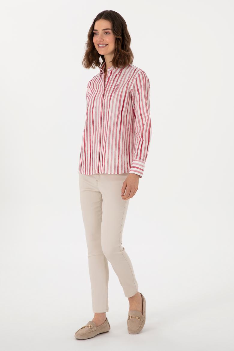 Kadın Vişne Uzun Kollu Çizgili Gömlek - 50299509018