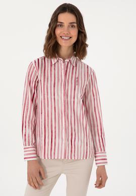 Kadın Vişne Uzun Kollu Çizgili Gömlek - 50299509018