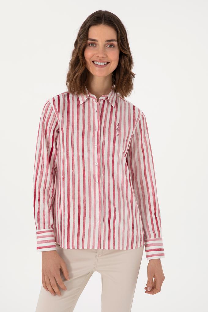 Kadın Vişne Uzun Kollu Çizgili Gömlek