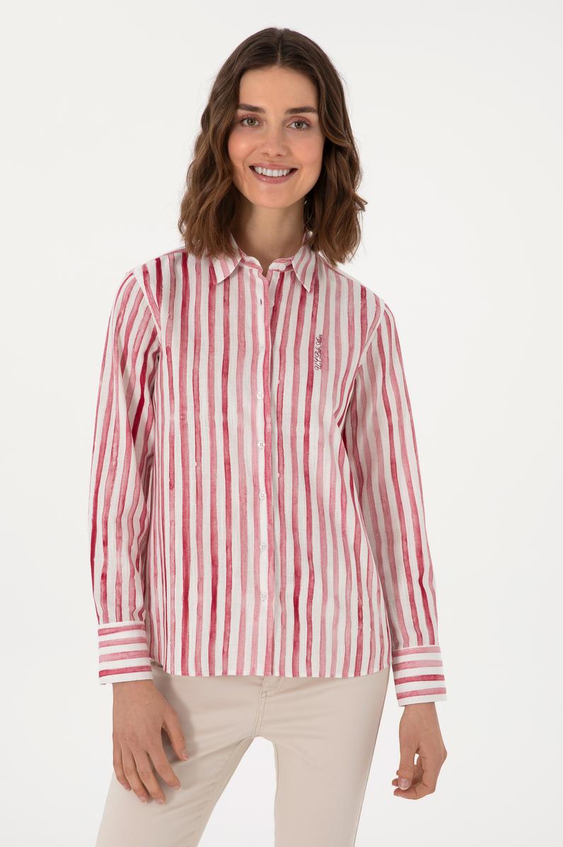 Kadın Vişne Uzun Kollu Çizgili Gömlek