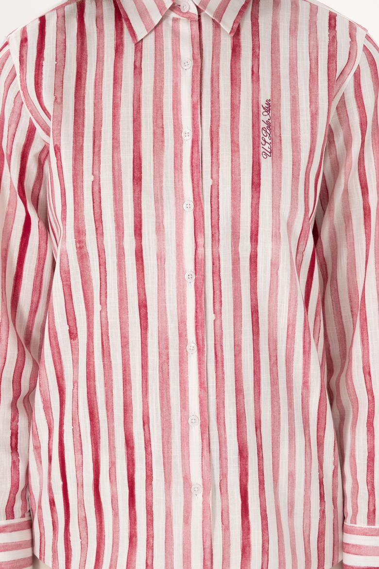 Kadın Vişne Uzun Kollu Çizgili Gömlek - 50299509018