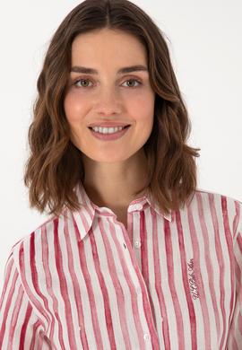 Kadın Vişne Uzun Kollu Çizgili Gömlek - 50299509018