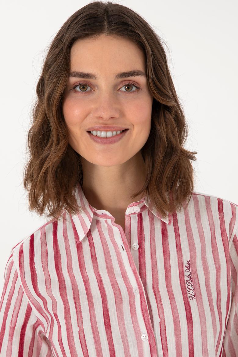 Kadın Vişne Uzun Kollu Çizgili Gömlek - 50299509018
