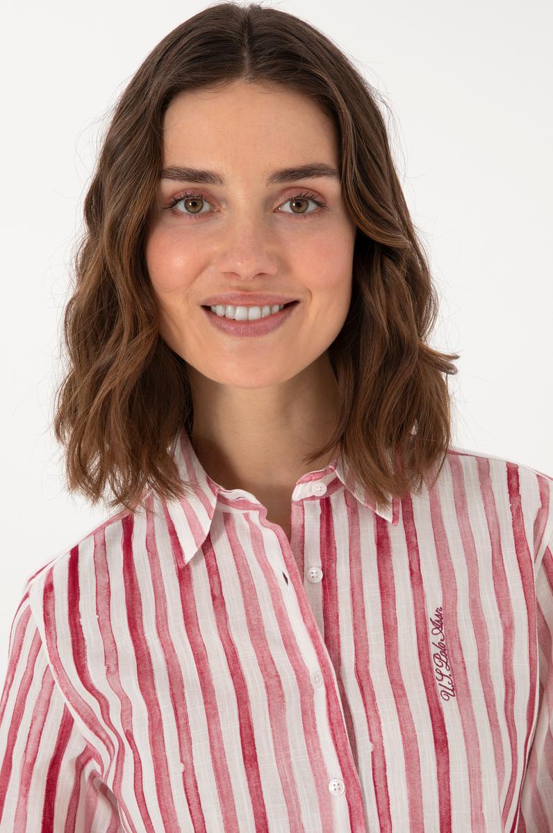 Kadın Vişne Uzun Kollu Çizgili Gömlek