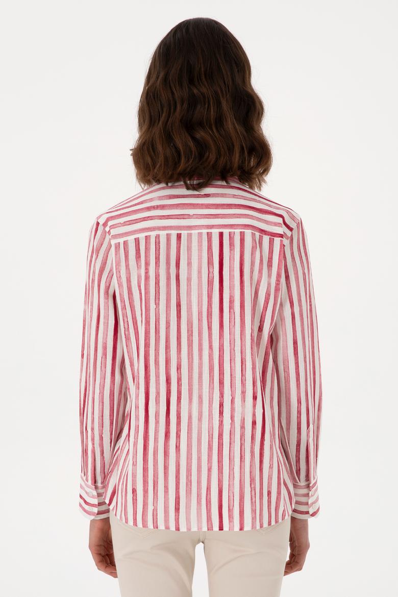 Kadın Vişne Uzun Kollu Çizgili Gömlek - 50299509018