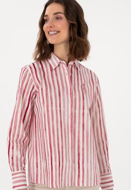 Kadın Vişne Uzun Kollu Çizgili Gömlek - 50299509018
