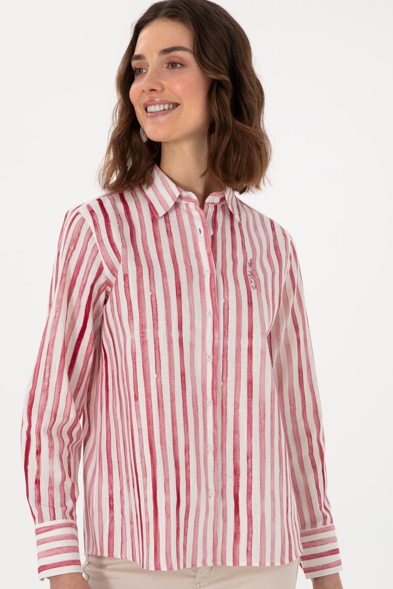 Kadın Vişne Uzun Kollu Çizgili Gömlek - 50299509018