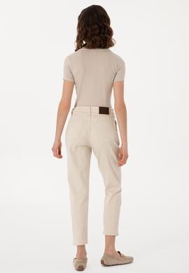 Kadın Ekru Çizgili Keten Karışımlı Carrot Fit Jean Pantolon - 50300954014