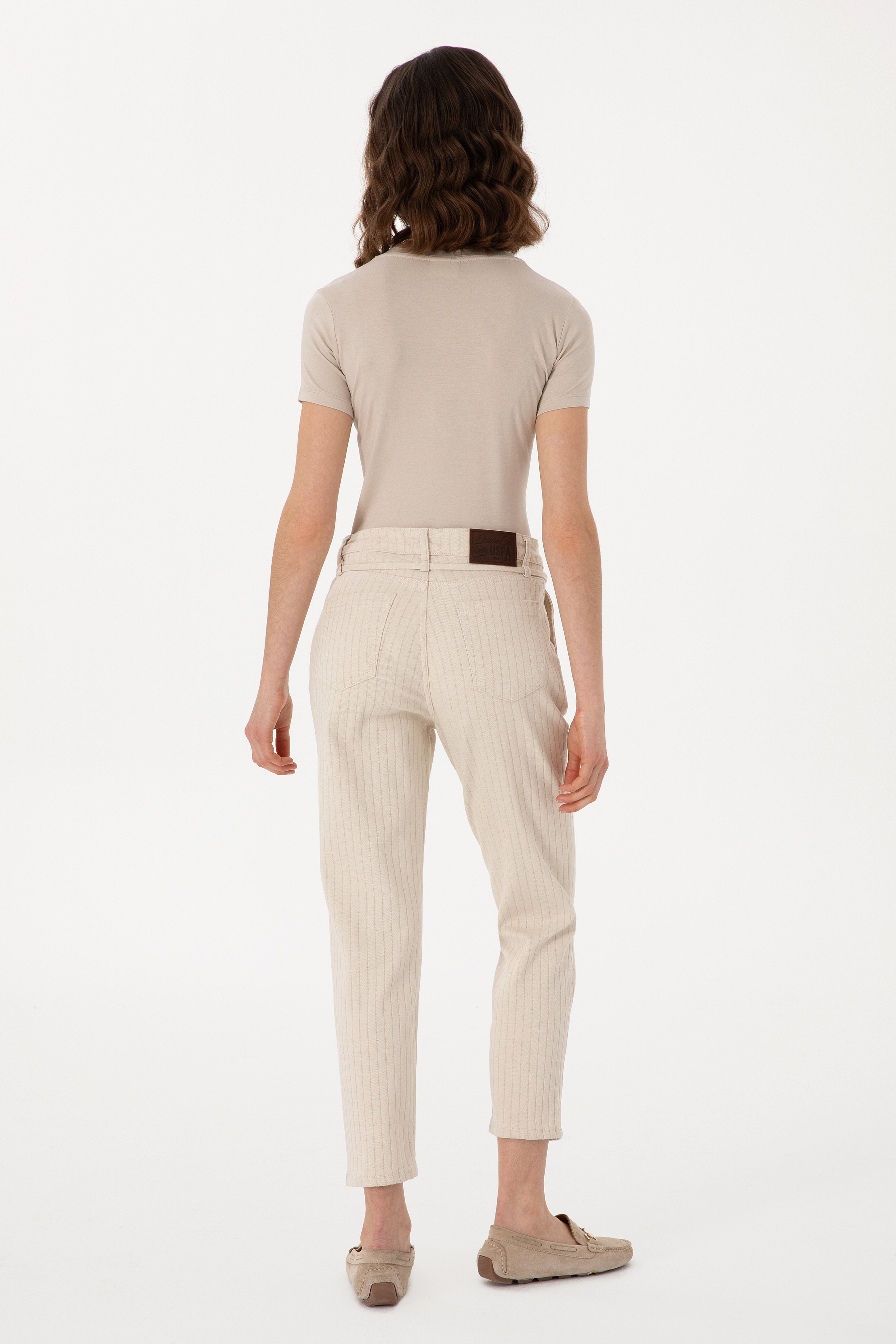 Kadın Ekru Çizgili Keten Karışımlı Carrot Fit Jean Pantolon
