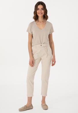 Kadın Ekru Çizgili Keten Karışımlı Carrot Fit Jean Pantolon - 50300954014