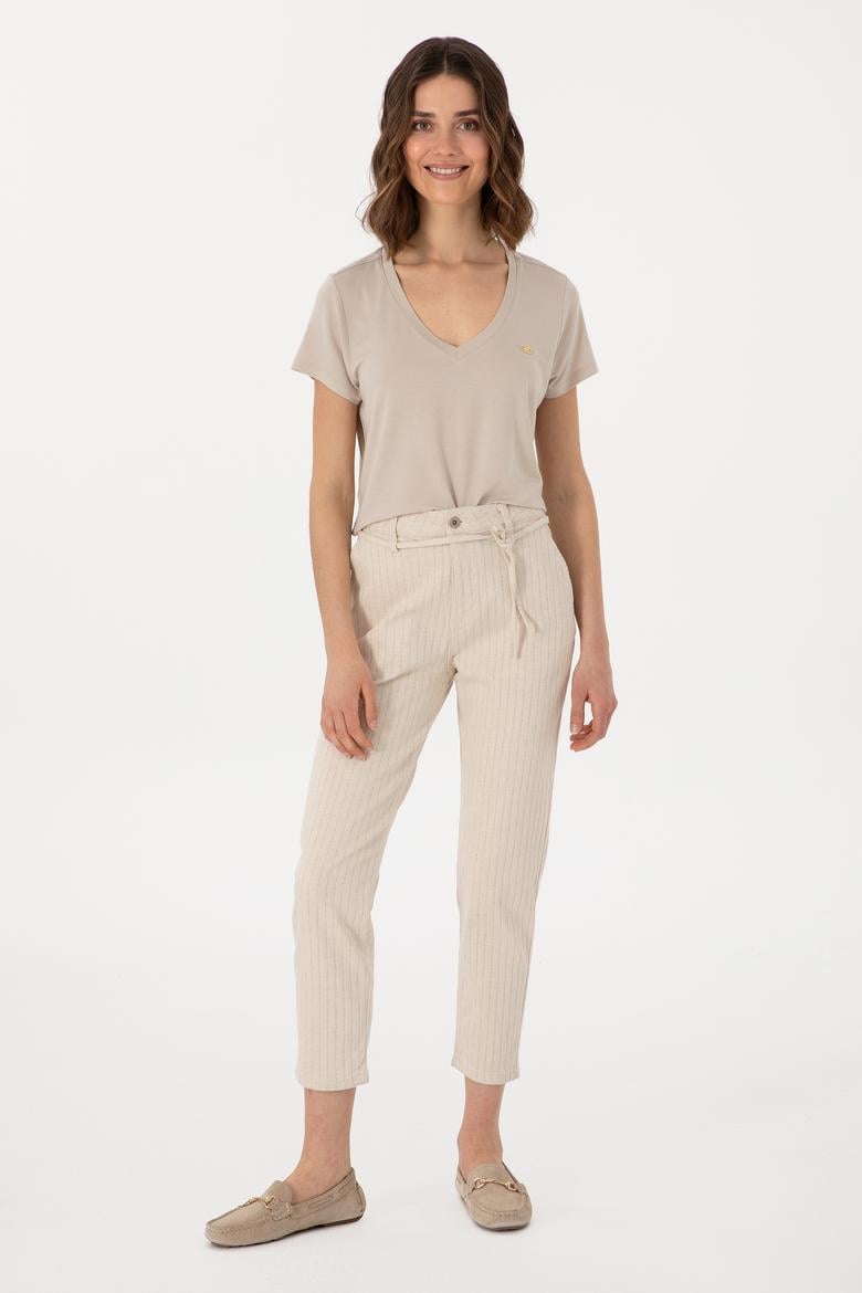 Kadın Ekru Çizgili Keten Karışımlı Carrot Fit Jean Pantolon