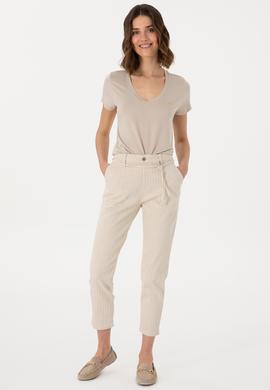 Kadın Ekru Çizgili Keten Karışımlı Carrot Fit Jean Pantolon - 50300954014