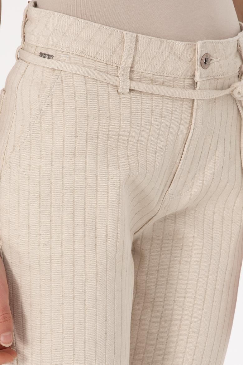 Kadın Ekru Çizgili Keten Karışımlı Carrot Fit Jean Pantolon - 50300954014