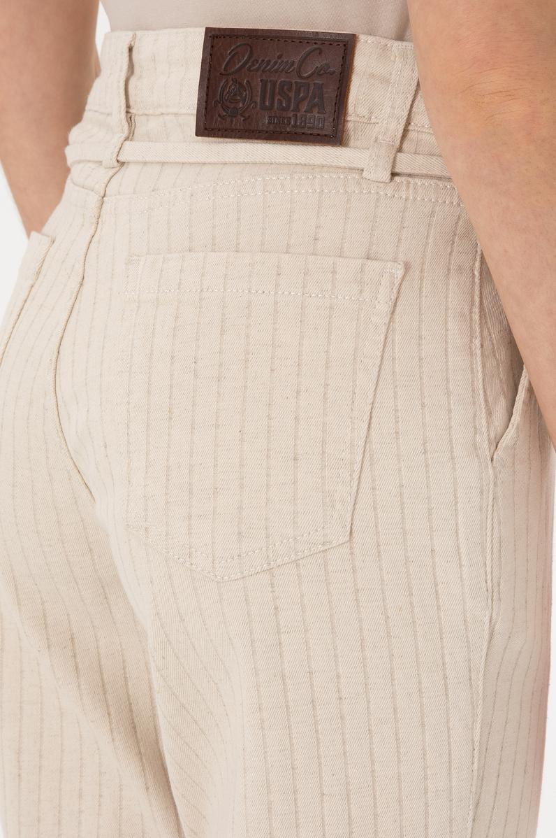 Kadın Ekru Çizgili Keten Karışımlı Carrot Fit Jean Pantolon