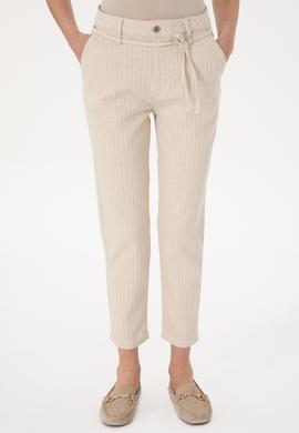 Kadın Ekru Çizgili Keten Karışımlı Carrot Fit Jean Pantolon - 50300954014