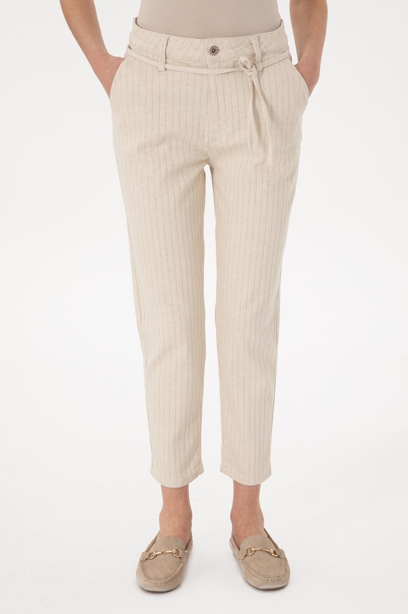 Kadın Ekru Çizgili Keten Karışımlı Carrot Fit Jean Pantolon