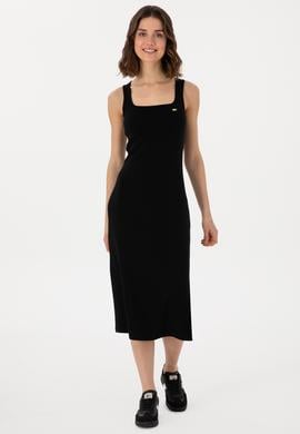 Kadın Siyah Yırtmaçlı Kolsuz Kare Yaka Midi Boy Örme Elbise - 50305835015