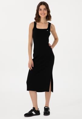 Kadın Siyah Yırtmaçlı Kolsuz Kare Yaka Midi Boy Örme Elbise - 50305835015