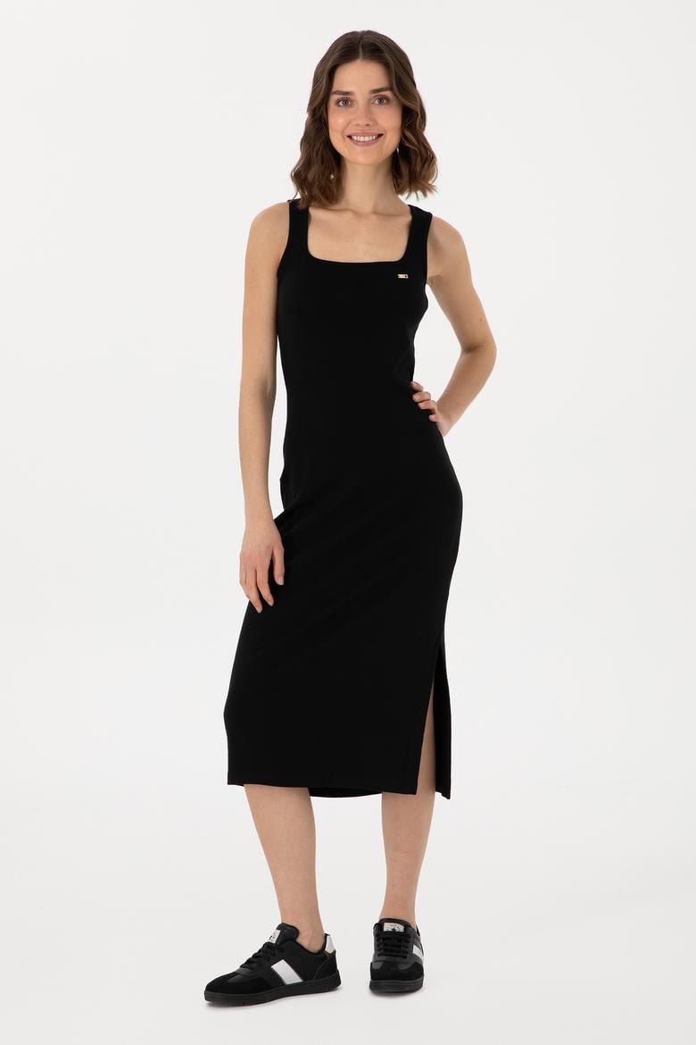 Kadın Siyah Yırtmaçlı Kolsuz Kare Yaka Midi Boy Örme Elbise - 50305835015