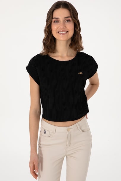 Kadın Siyah Crop Bisiklet Yaka Tişört