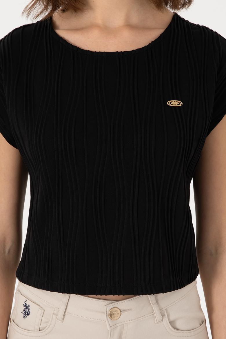 Kadın Siyah Crop Bisiklet Yaka Tişört - 50299812031