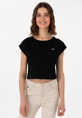 Kadın Siyah Crop Bisiklet Yaka Tişört - 50299812031