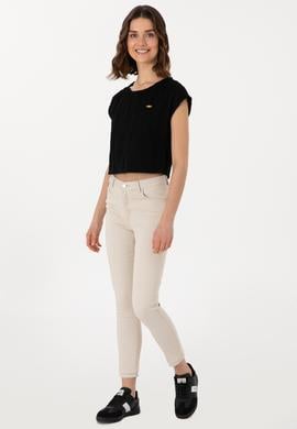 Kadın Siyah Crop Bisiklet Yaka Tişört - 50299812031