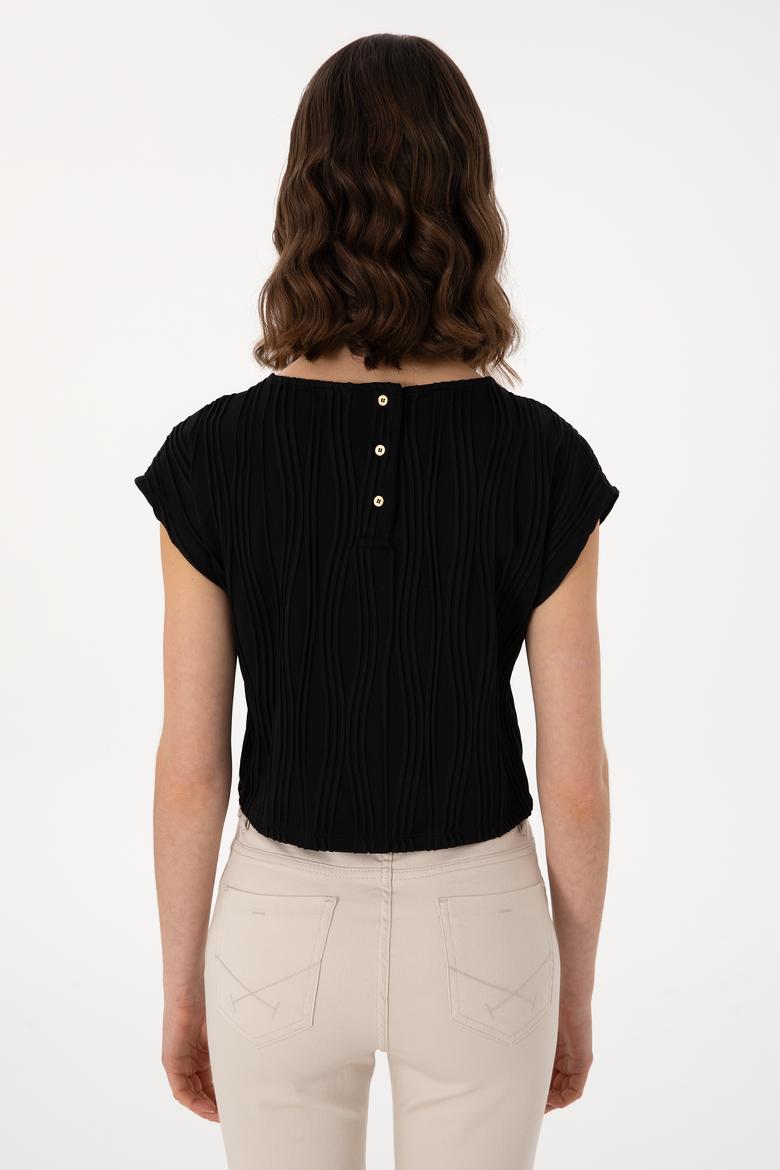 Kadın Siyah Crop Bisiklet Yaka Tişört - 50299812031