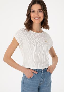 Kadın Beyaz Crop Bisiklet Yaka Tişört - 50299812012