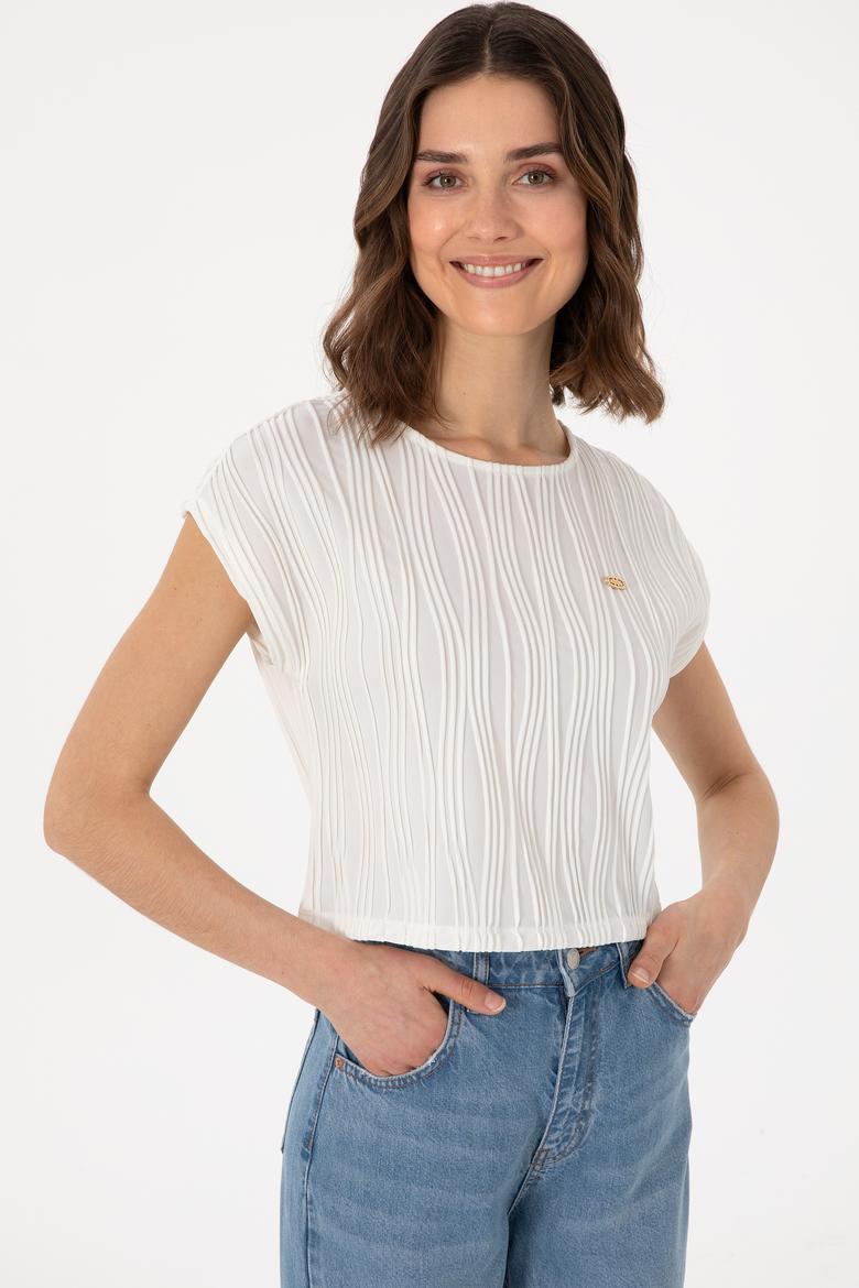 Kadın Beyaz Crop Bisiklet Yaka Tişört - 50299812012